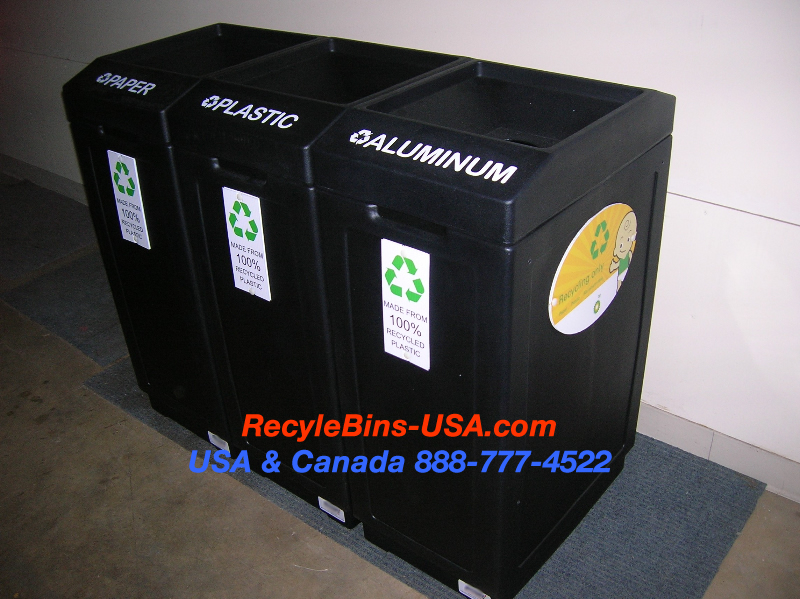 Commercial recycling wastebaskets available in all-black finishe with Paper, Plastic and Aluminum branding.